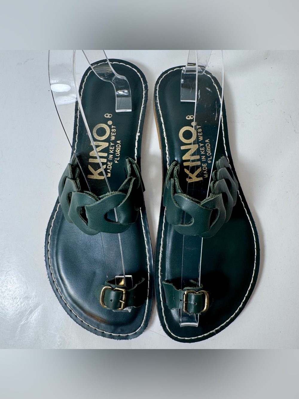 KINO Key West Florida Toe Loop Sandals in Green Braided Leather